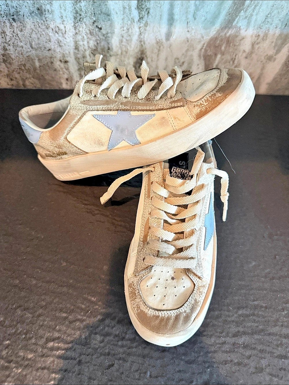 Golden Goose Super-Star Distressed Star Sneakers in White & Gold EU 38